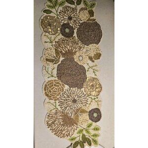 Pier One Beaded Table Runner Floral Bronze Gold Green 35" x 14" Neutral Colors